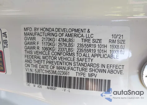 2021 Acura Rdx Technology Package z USA, uszkodzony, nr VIN 5J8TC1H53ML023661